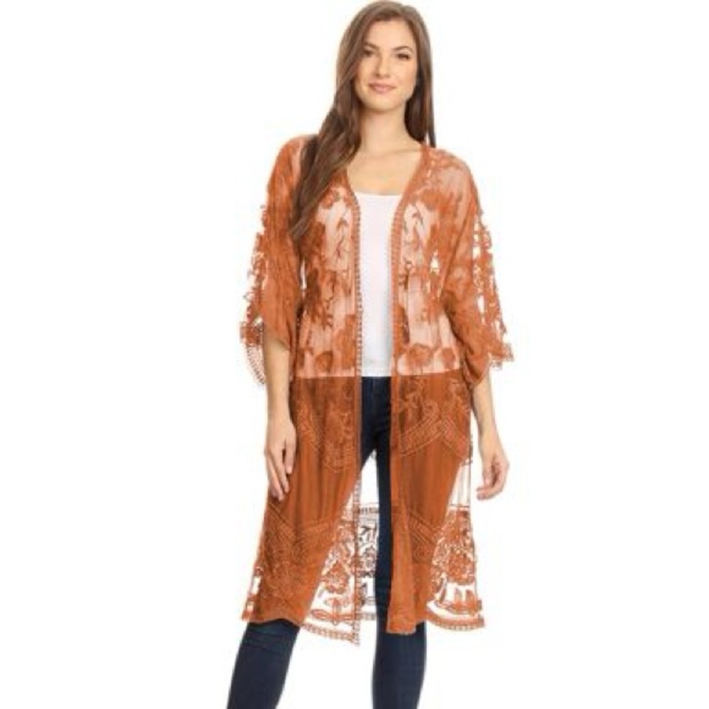 Pastel Floral Lace Long Kimono with Front Tie BOHO OS